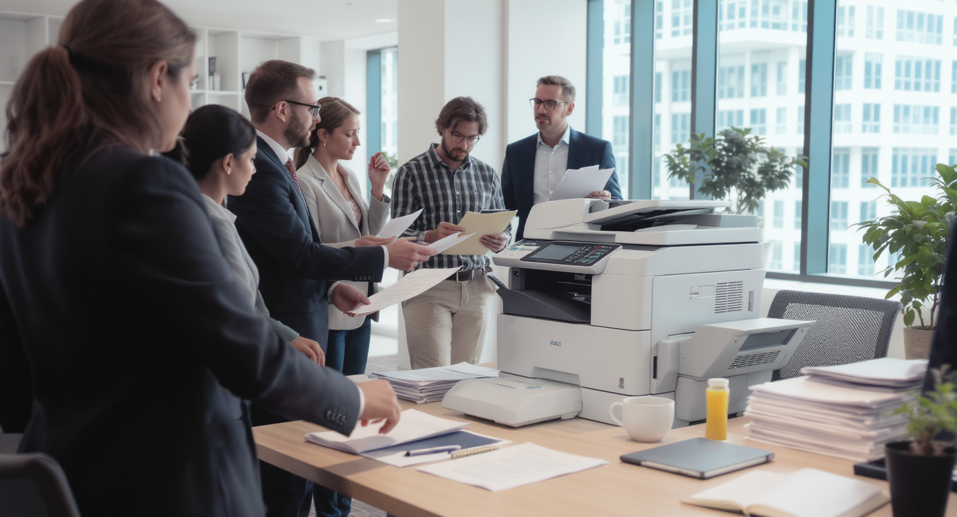Photocopieur multifonction en entreprise avec documents imprimés et numérisés